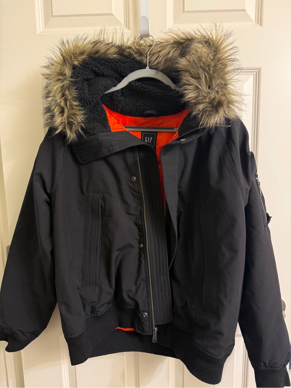 GAP PrimaLoft Black Puffer Jacket with Faux Fur Hood and Orange Lining
